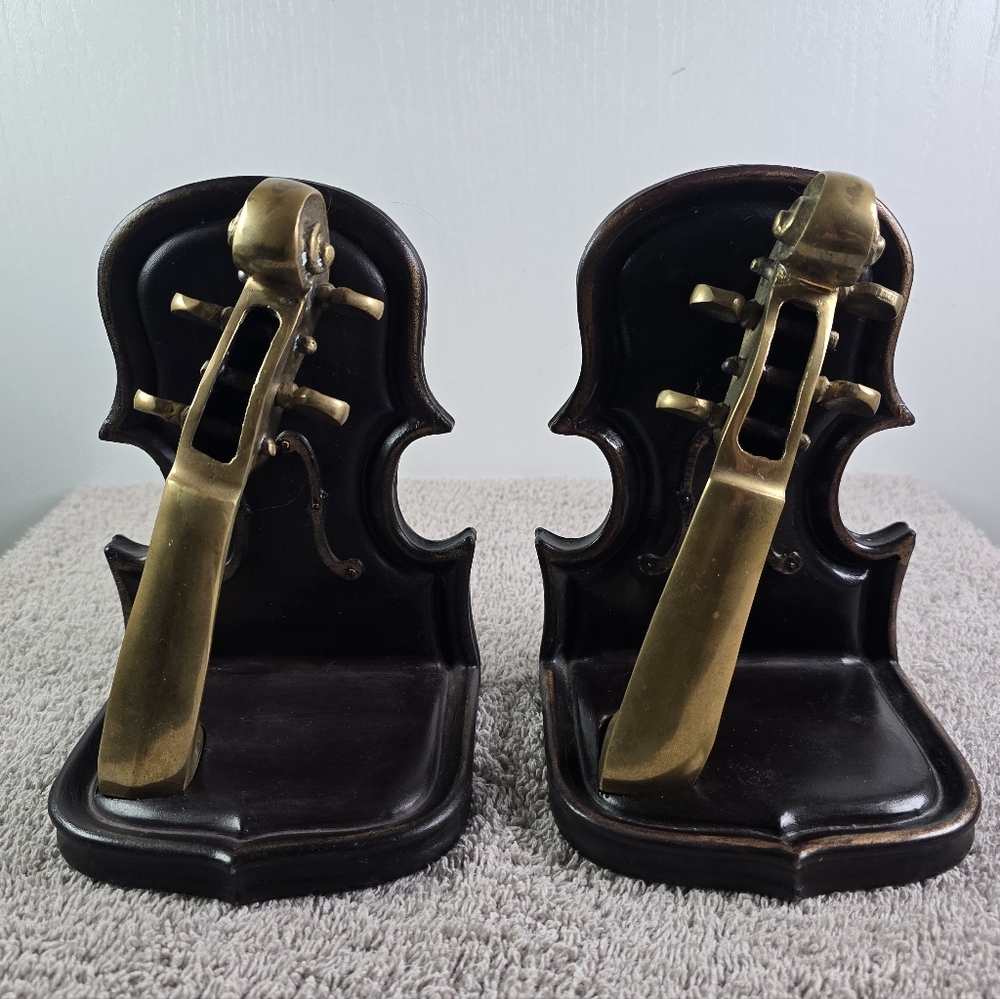 Elegant Brown and Gold Violin Bookends